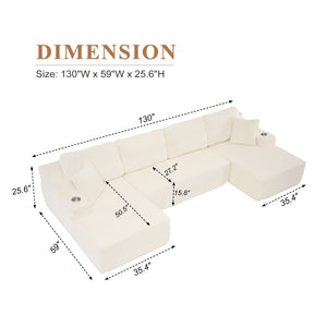 English Elm U-shaped Corduroy Cloud Sectional Sofa with Pocket Springs and Modular Living Room Seating Beige W3366S00004