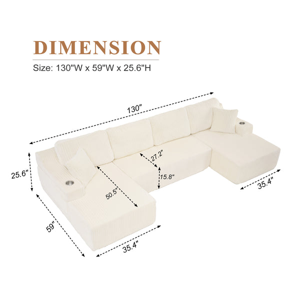 English Elm U-shaped Corduroy Cloud Sectional Sofa with Pocket Springs and Modular Living Room Seating Beige W3366S00004
