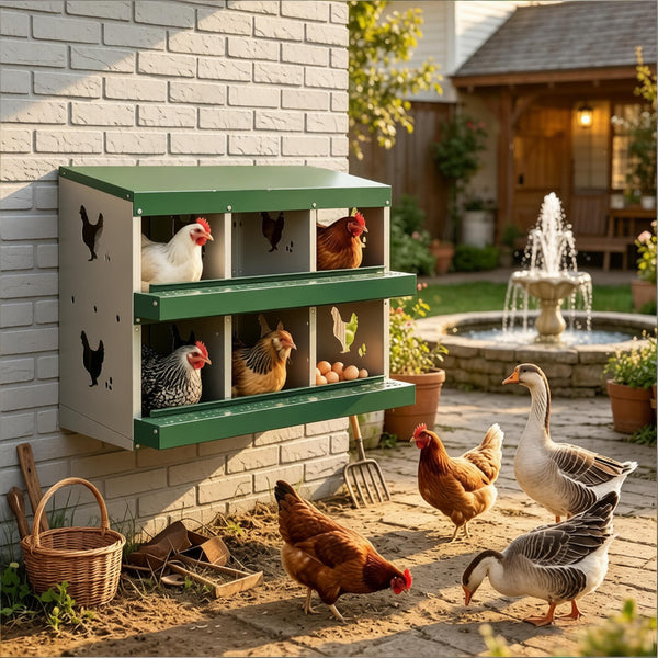 English Elm Outdoor Galvanized Steel Chicken Nesting Box with Six Compartments and Roll Away Egg Tray T3971P506973