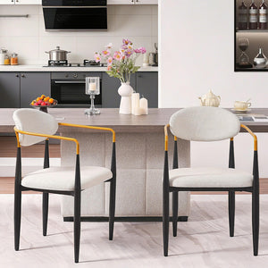 English Elm Modern Upholstered Dining Chairs Set of 2 Beige Fabric Gold Arm Black Frame W5501P462415