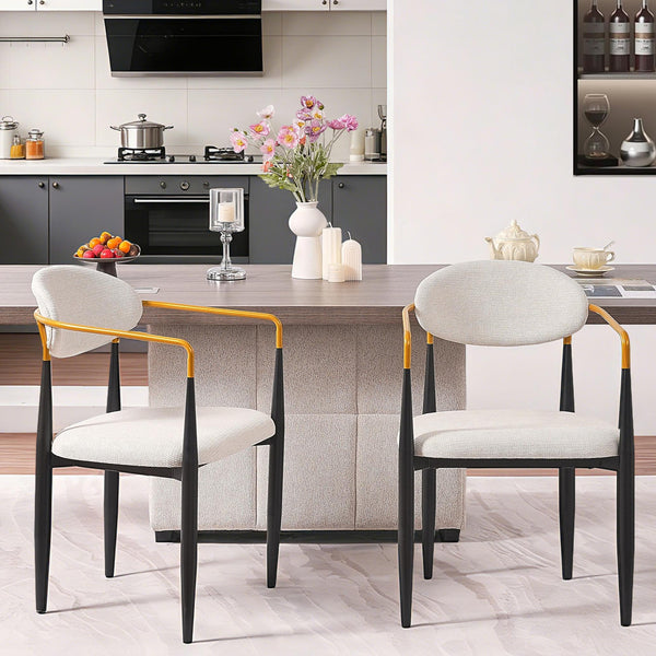 English Elm Modern Upholstered Dining Chairs Set of 2 Beige Fabric Gold Arm Black Frame W5501P462415