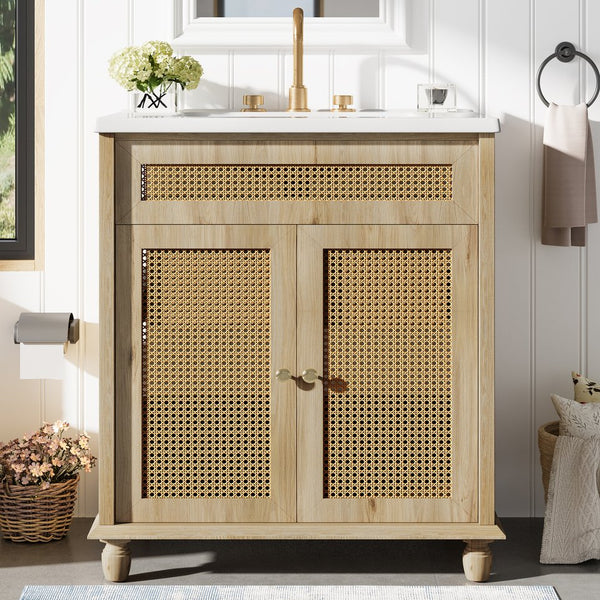 English Elm Christopher Knight Home® - 30-Inch Walnut Vanity with Seashell Resin Sink, Flip-Up Organizer, Soft-Close Doors & Legs Natural Wood N765P33418384B