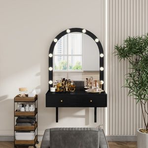 English Elm Floating Makeup Vanity Desk with LED 3-Mode Mirror, USB/Type-C Charging Port and Spacious Drawers Black N844P263662B