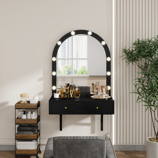 English Elm Floating Makeup Vanity Desk with LED 3-Mode Mirror, USB/Type-C Charging Port and Spacious Drawers Black N844P263662B