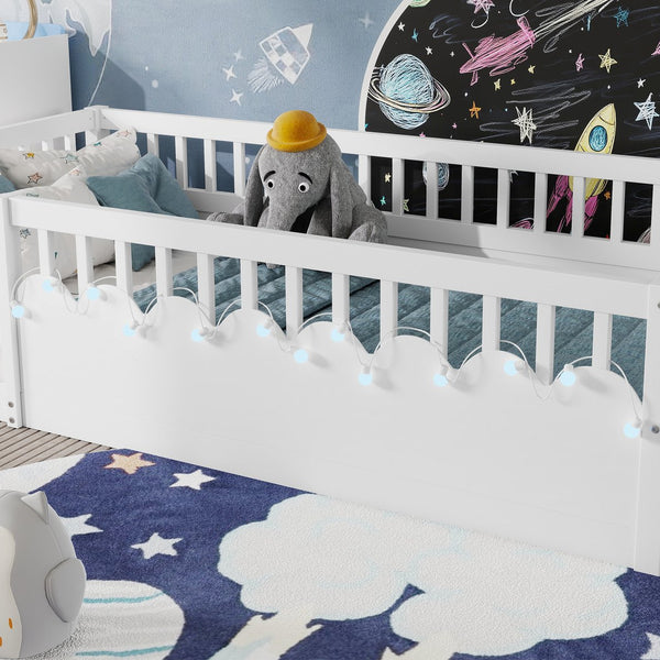 English Elm Twin Montessori Floor Bed Frame with High Rails and Built-In Light Shelf for Safe Independent Sleep White 79.13 L x 13 W x 6.3 H W2593P333565