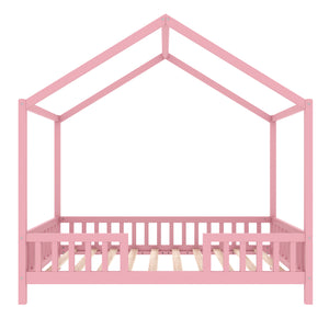 English Elm Montessori House Bed Frame Twin with Canopy & Full Guardrails, Cozy Kids Platform Bed for Toddlers Pink 81.5 L x 16 W x 6.6 H N733P356043H
