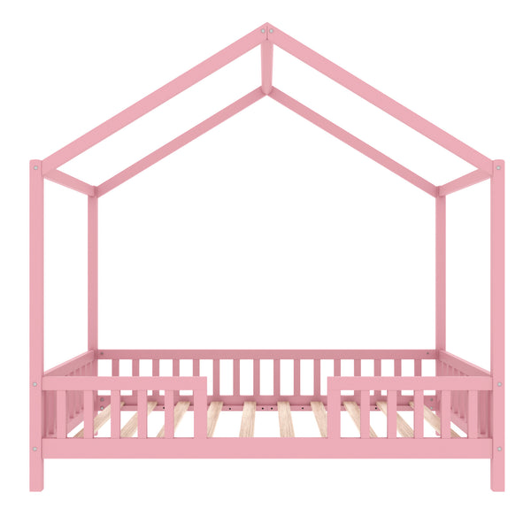 English Elm Montessori House Bed Frame Twin with Canopy & Full Guardrails, Cozy Kids Platform Bed for Toddlers Pink 81.5 L x 16 W x 6.6 H N733P356043H