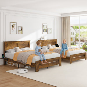 English Elm Farmhouse King Platform Bed Rustic Wood with Led Lighting and Built-in Charging Shelf W1550P366929