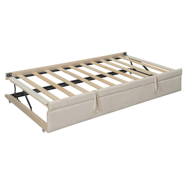 English Elm Twin Upholstered Daybed with Pull-Up Trundle, Velvet High Back with Shelves, Flip Storage & USB Beige SF000194AAA