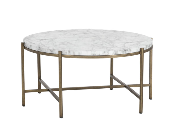 Sunpan Solana Coffee Table – Stunning Marble Look Top with Antique Brass Base for Modern Living Spaces Round - 34W x 34D x 16H