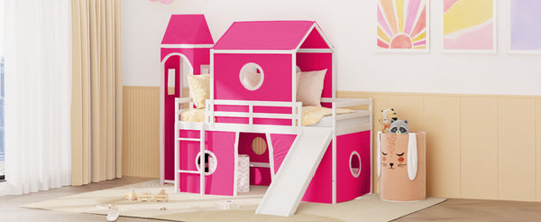 English Elm Twin Castle Loft Bed with Slide Fabric Tent and Tower Pinewood Kids Playhouse N708P249475H