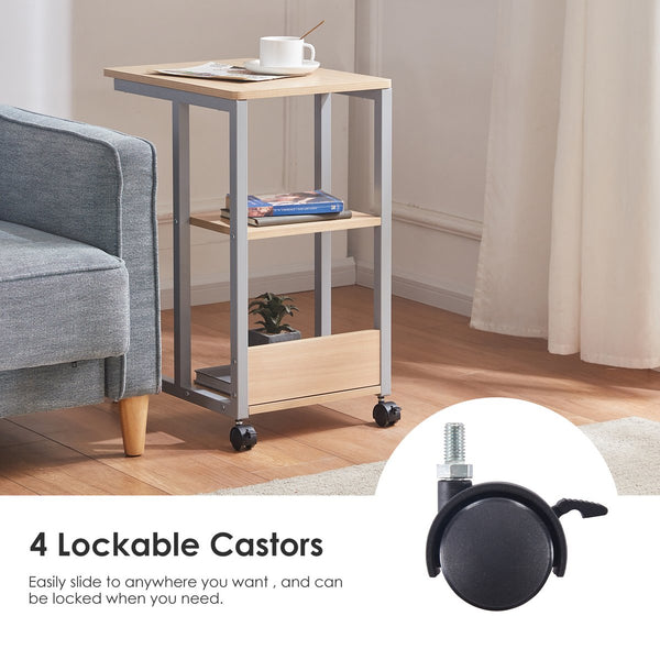 English Elm Shaped End Table with Lockable Wheels and Two-Tier Storage — C-Shape Rolling Side Table for Sofa Natural T3623P409439