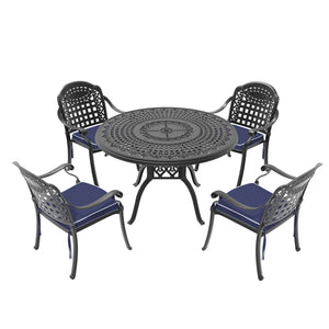 English Elm 5-piece Cast Aluminum Outdoor Dining Set with Carved Relief Frame and Cushioned Seats W1710S00563