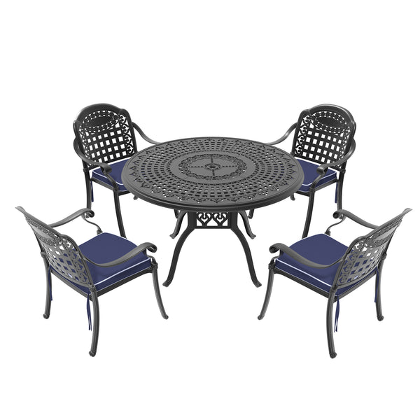 English Elm 5-piece Cast Aluminum Outdoor Dining Set with Carved Relief Frame and Cushioned Seats W1710S00563