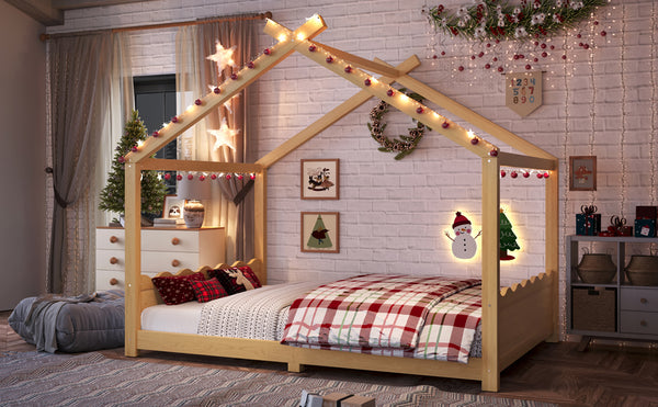 English Elm Twin House Frame Floor Bed Solid Pine Kids Room Montessori Low Profile Play Nook W1580P387841
