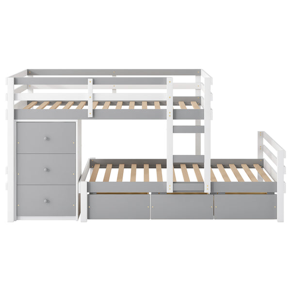 English Elm Twin Loft Bunk Bed with Built-In Drawers and Ladder, Space-Saving Twin over Twin Pine MDF Design Gray GX000424AAE