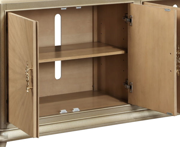 English Elm Dodie Champagne & Natural Oak Sunburst Console Cabinet with Art Deco Hardware, Cord Management B2726P285785