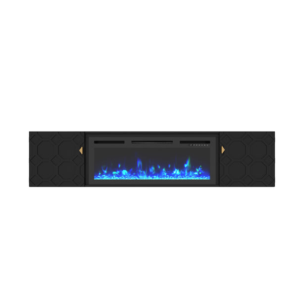 English Elm 67 in. Black Media TV Stand with High Gloss Honeycomb Doors, Gold Handles, Modern Storage Elegance T3609P347458