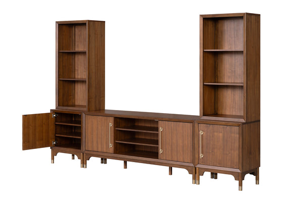 English Elm Mid-Century Hepburne Entertainment Center Walnut Finish LED Piers Gold Legs Adjustable Shelves 79" B2741S00661