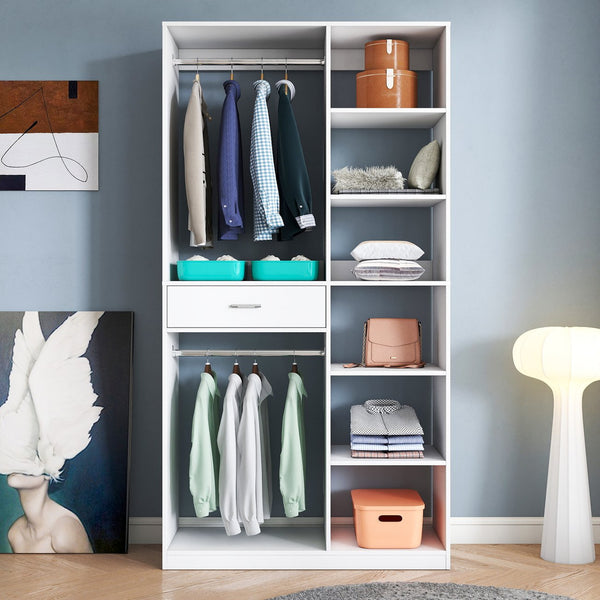English Elm Freestanding 40" Closet System with 6 Open Shelves, 2 Hanging Rods & Wood Drawer — White Storage Wardrobe W331P280699