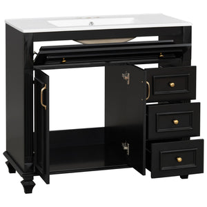 English Elm 36" Modern Bathroom Vanity with Ceramic Sink, Gold Handles, Flip-Out Drawer & Soft-Close Doors Black N725P283623B