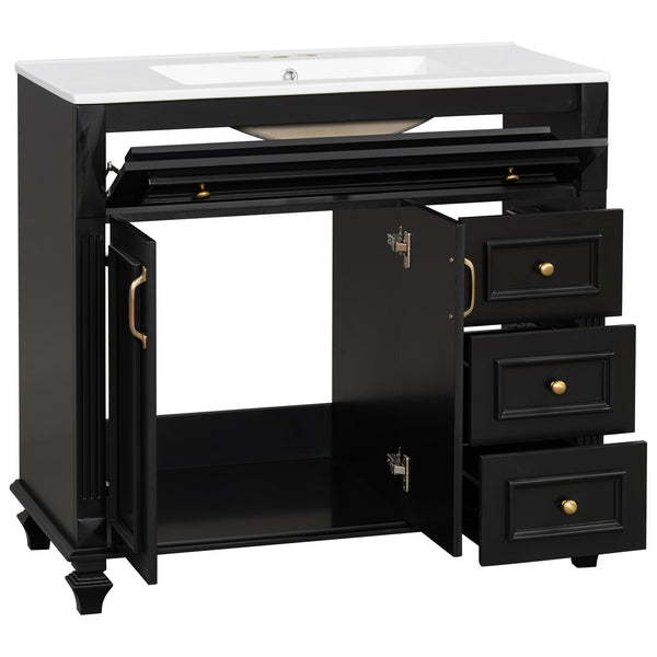 English Elm 36" Modern Bathroom Vanity with Ceramic Sink, Gold Handles, Flip-Out Drawer & Soft-Close Doors Black N725P283623B