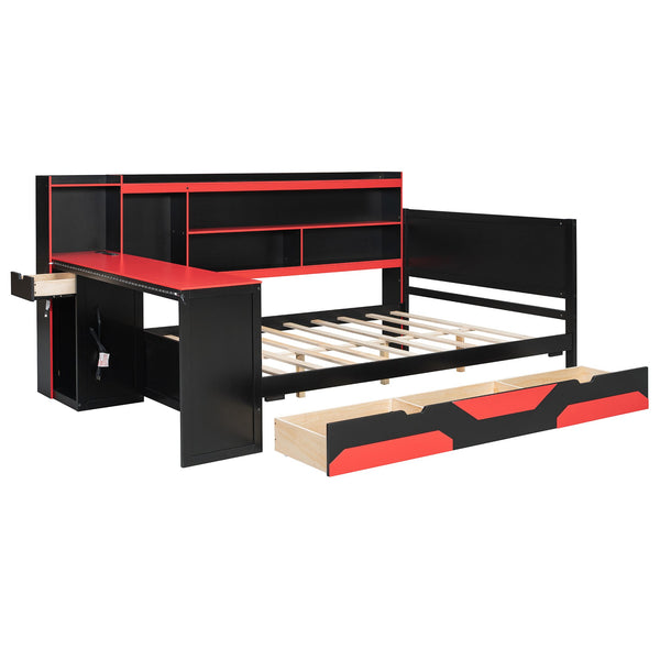 English Elm Full Size Gaming Bed Frame with Desk Led Lights Storage Drawers and Charging Station Black+Red LP000289AAJ
