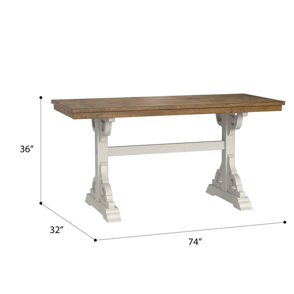 English Elm Wallace & Bay - Brown Farmhouse Trestle Gathering Table - Rustic Dark Pine Top & Weathered White Base For Dining Spaces B361P384403-GIGA