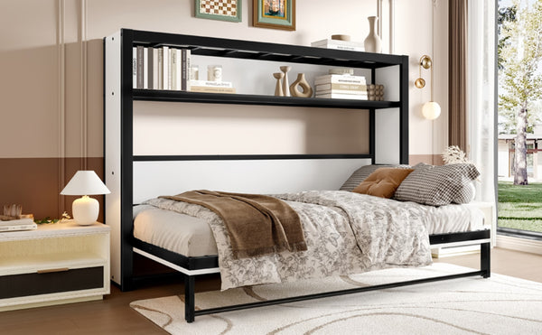 English Elm Twin Space-Saving Murphy Bed With Shelves – Stylish Foldable Metal Wall Bed For Compact Living Spaces W1580S00149-GIGA