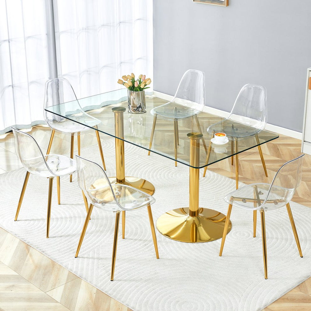 English Elm Table and Chair Set Tempered Glass Top with Acrylic Seats and Gold Leg Dining for Six W1151S04558