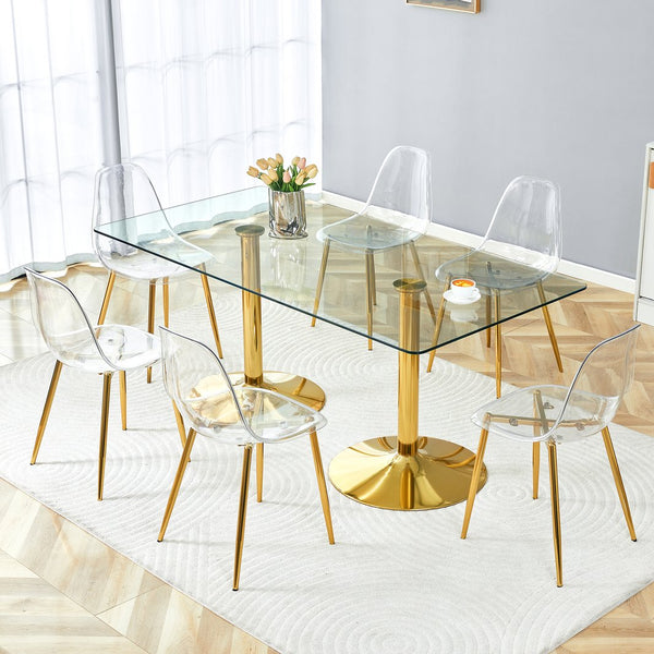 English Elm Table and Chair Set Tempered Glass Top with Acrylic Seats and Gold Leg Dining for Six W1151S04558
