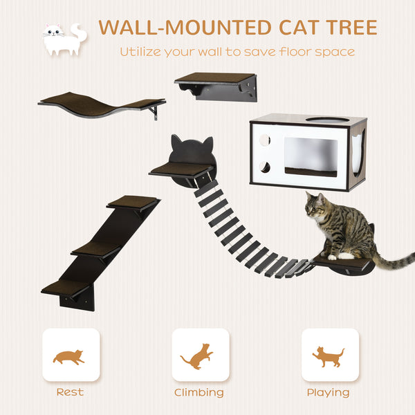 English Elm Pawhut Modular Wall Mounted Cat Tree with Condo Curved Perch Bridge and Solid Wood Frame W2225P217054