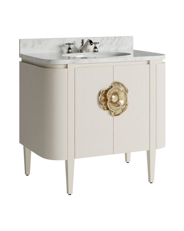 Currey & Company Briallen 36" Vanity With Elegant Carrara Marble Top And Polished Nickel Brass Flower Pull Storage Solutions Ivory White Oak Solids & Veneers ,Carrara Marble ,Vitreous China ,Brass 3800-0016-currey-company