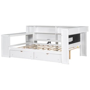 English Elm Wood Full Platform Bed with Led Headboard Built-in Desk Charging Station and Storage Shelves Beige+White N7090001047K-1