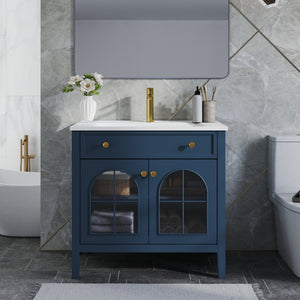 English Elm 35.6" Freestanding Bathroom Vanity with Roman Column Base and Ceramic Integrated Sink Blue W1801S00013