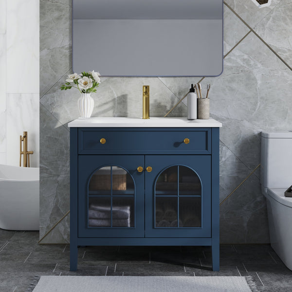 English Elm 35.6" Freestanding Bathroom Vanity with Roman Column Base and Ceramic Integrated Sink Blue W1801S00013
