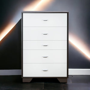 English Elm White 5-Drawer Chest in White and Espresso Finish — Sleek Rectangular Design, Ample Storage, Modern Style B062P209032