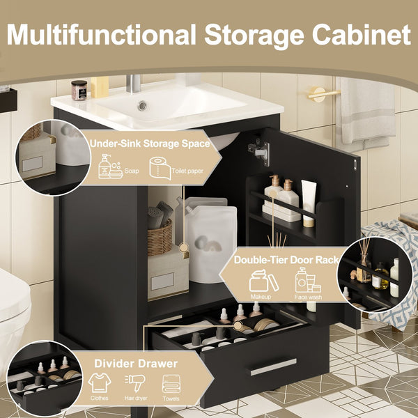 English Elm 20-Inch Compact Bathroom Vanity with Ceramic Sink, Soft-Close Storage, Divider Drawer & Easy Plumbing Access Black N729P334847B