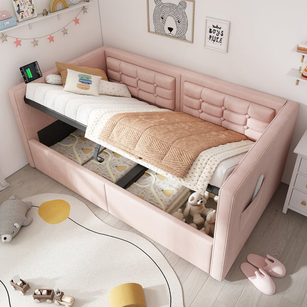 English Elm Upholstered Twin Daybed with Hydraulic Storage, Velvet Tufted Sofa Back, USB & Type-C Charging Port Pink N736P303402P