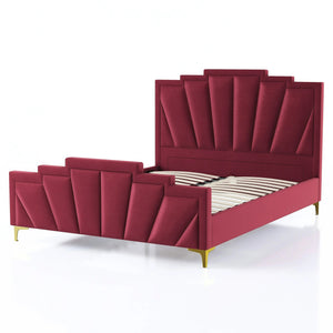 English Elm Glam Plush Flannelette Queen Bed with Shell Tufting and Padded Headboard on Metal Legs for Style Gold,Red 84 L x 26 W x 5 H B2741S00335