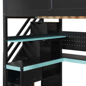 English Elm Full Size Gaming Loft Bed with Led Lighting Desk Shelves and Usb Charging Ports N820S00071C