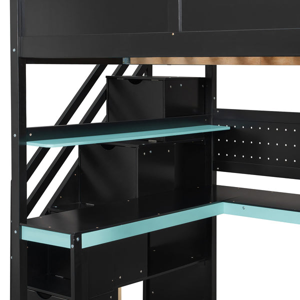 English Elm Full Size Gaming Loft Bed with Led Lighting Desk Shelves and Usb Charging Ports N820S00071C