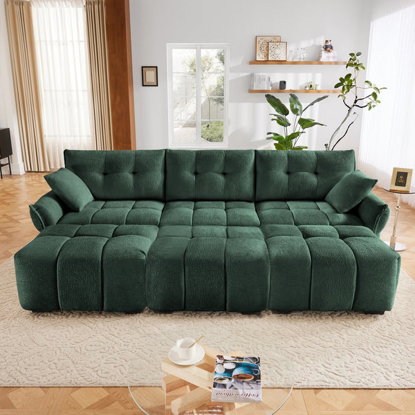 English Elm 3-Seater Sofa Set With 3 Ottomans & Pillows, Elegant Green Chenille, Durable Wood Frame, Versatile Comfort W714S01163
