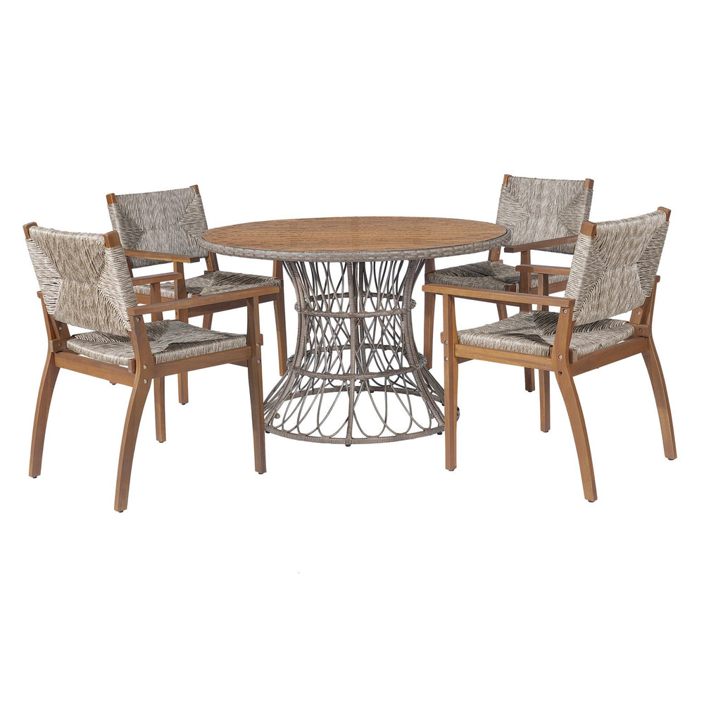 English Elm 5-piece Outdoor Dining Set Round Acacia Wood Table with Handwoven Wicker Armchairs Brown N770PS5345269D