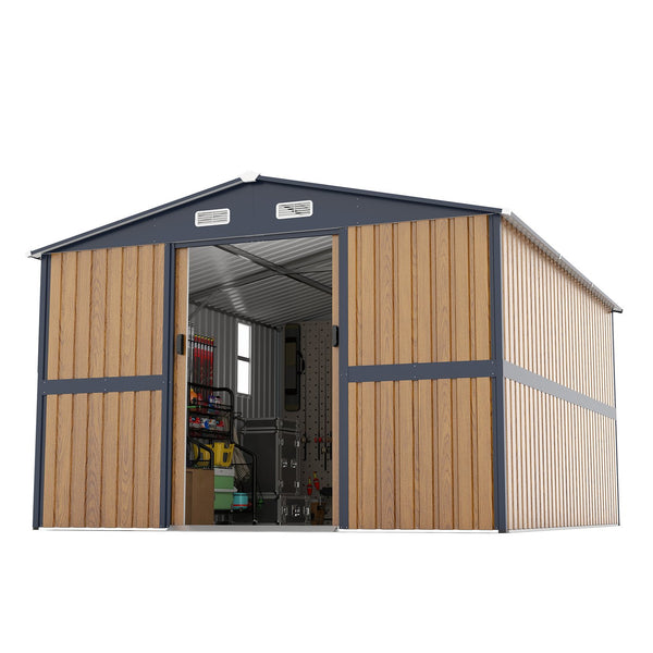 English Elm 10x12 Galvanized Steel Outdoor Shed with Lockable Entry Windows and Sloped Roof W1598S00032