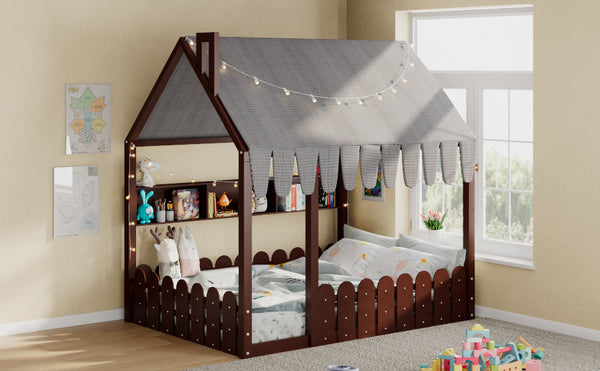 English Elm {slats Are Not Included} Twin Montessori House Floor Bed Kids Tent Lights Shelves Pinewood Frame Espresso N708P407963P