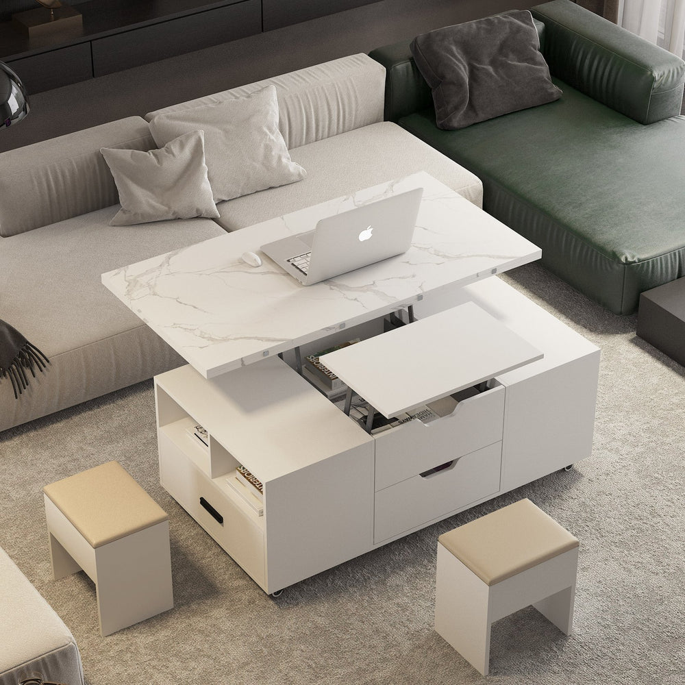 English Elm Modern Lift Top Coffee Table with Hidden Storage and Two Cushioned Stools Included W1321S00047