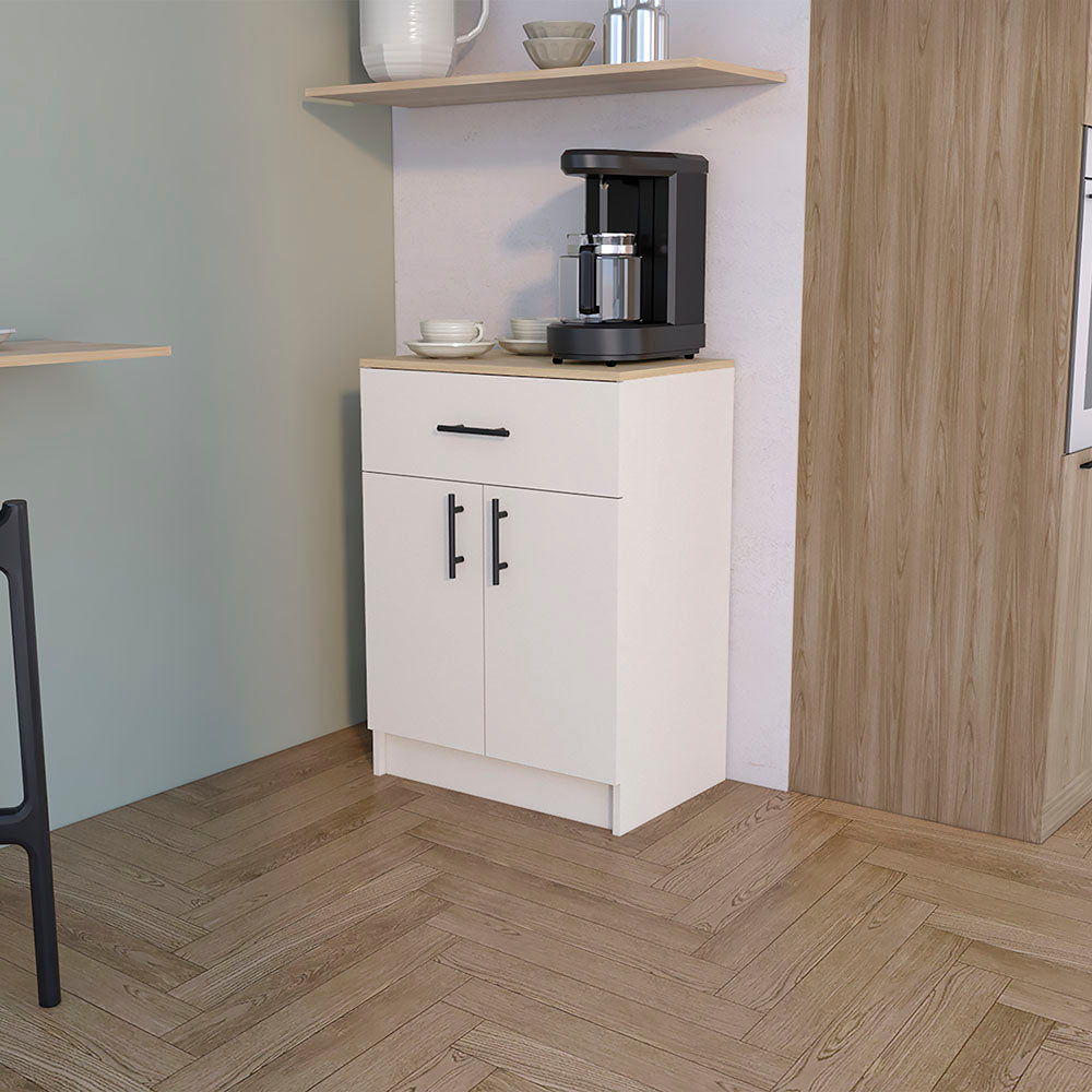 English Elm Pantry Netal Cabinet in Ivory & Natural Oak — Compact 33.5" H Storage with Countertop, Drawer & Shelves B092P243275
