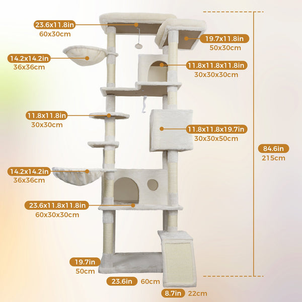 English Elm 84 Inch Tall Multi Cat Tower with Sisal Posts Hammock Triple Condos and Top Perch W243P382891