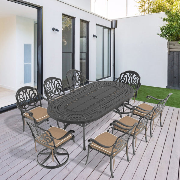 English Elm 9-Piece All-Weather Cast Aluminum Dining Set With Swivel Chairs & Cushions - Perfect For Patio Fun! W1710S00471